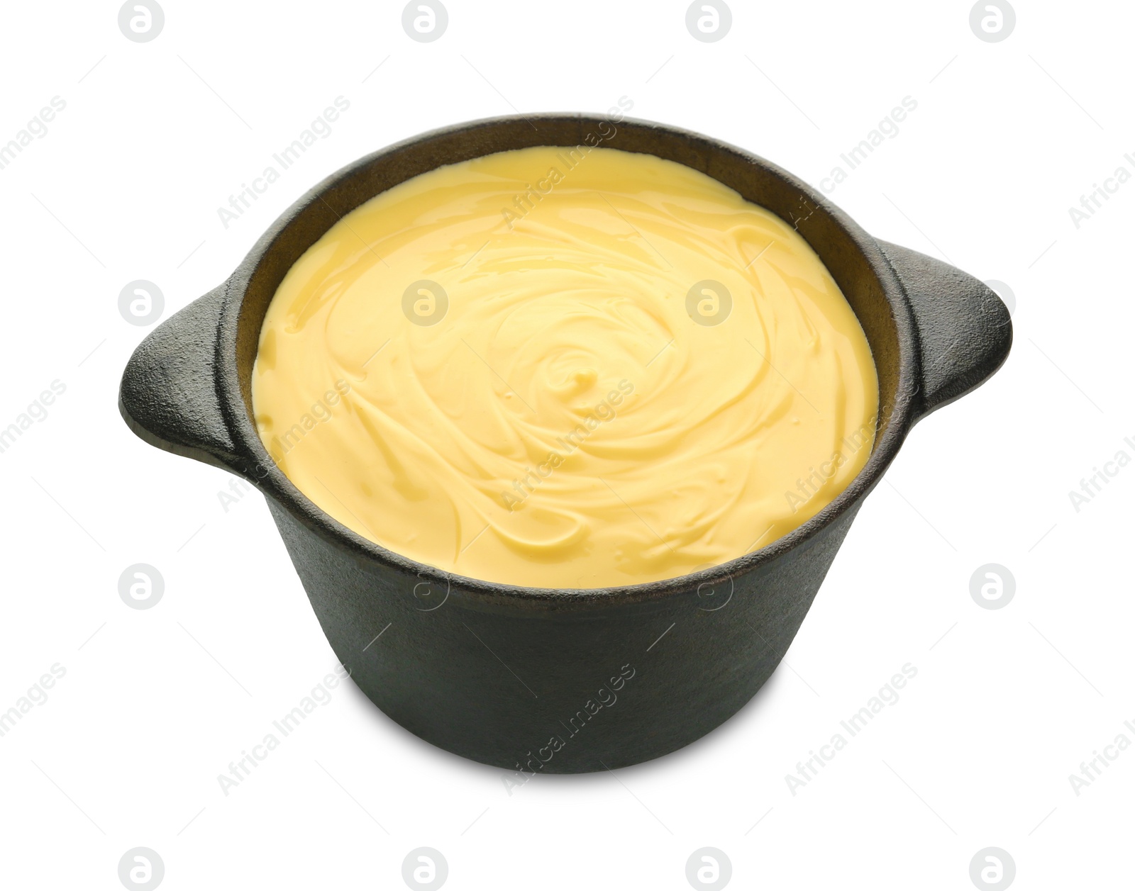 Photo of Fondue pot with tasty melted cheese isolated on white