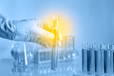 Scientist holding test tube with liquid, closeup. Laboratory analysis