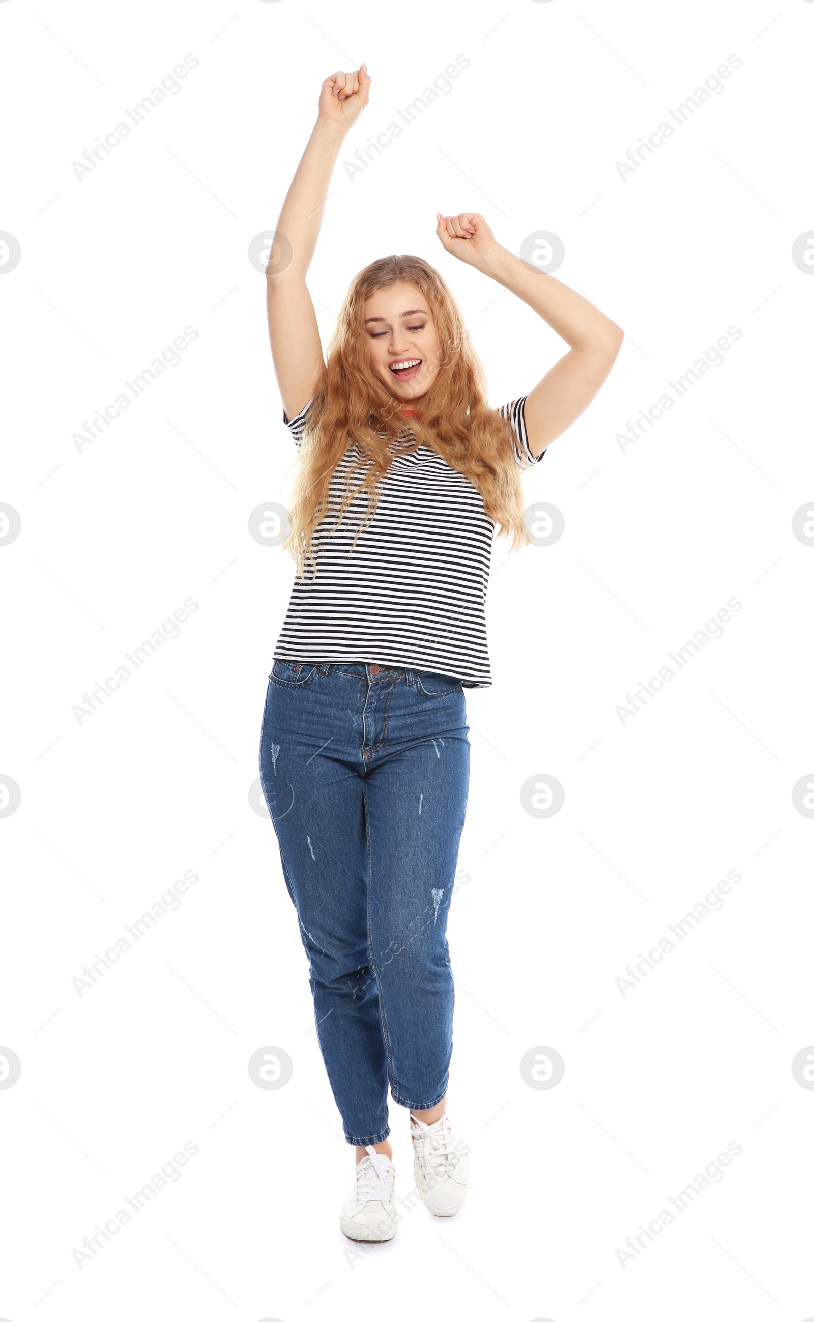 Photo of Happy young woman celebrating victory on white background