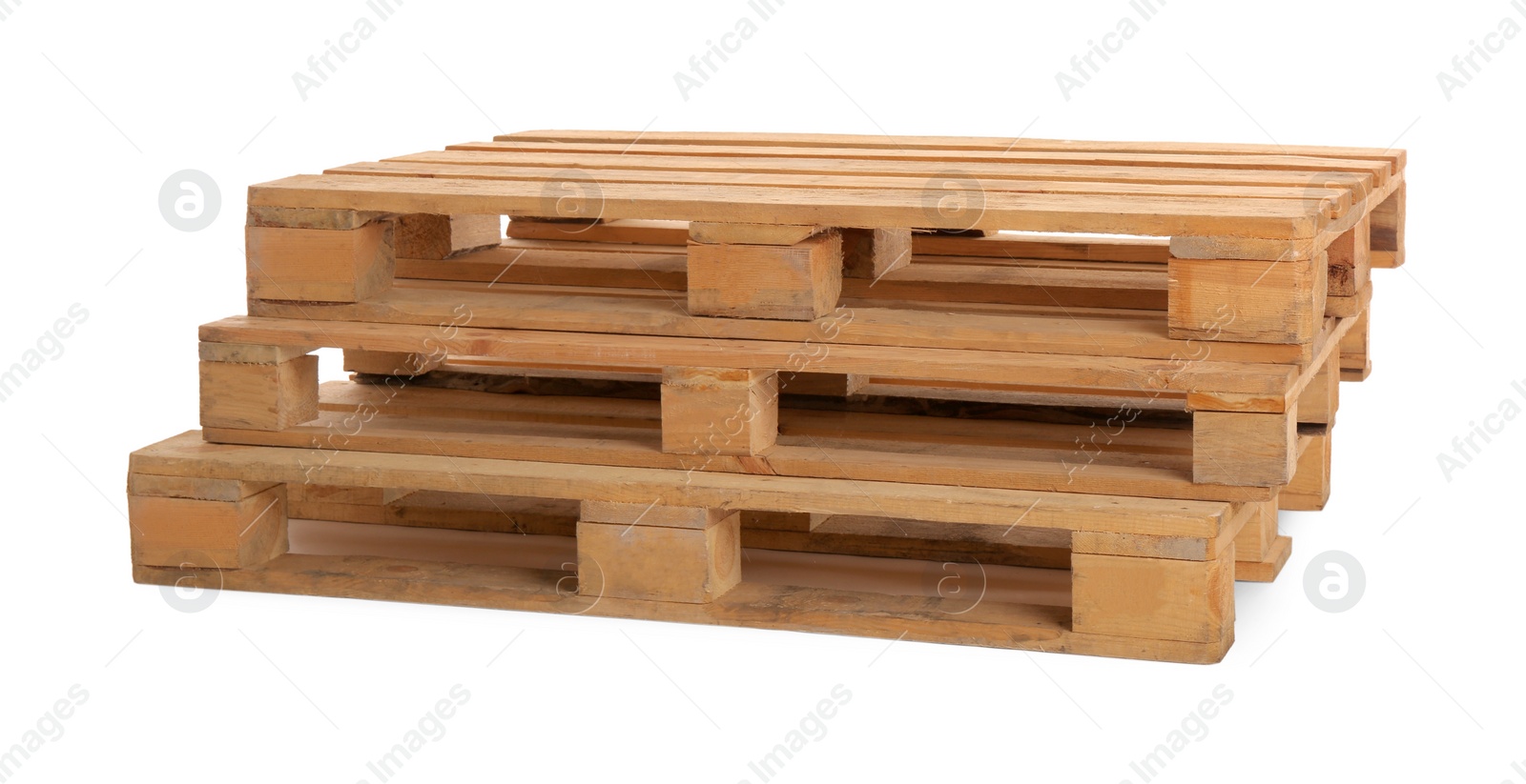 Photo of Stacked wooden pallets isolated on white. Transportation and storage