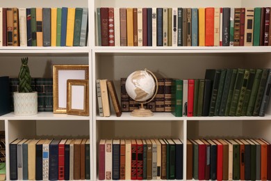 Collection of different books and decorative elements on shelves in home library