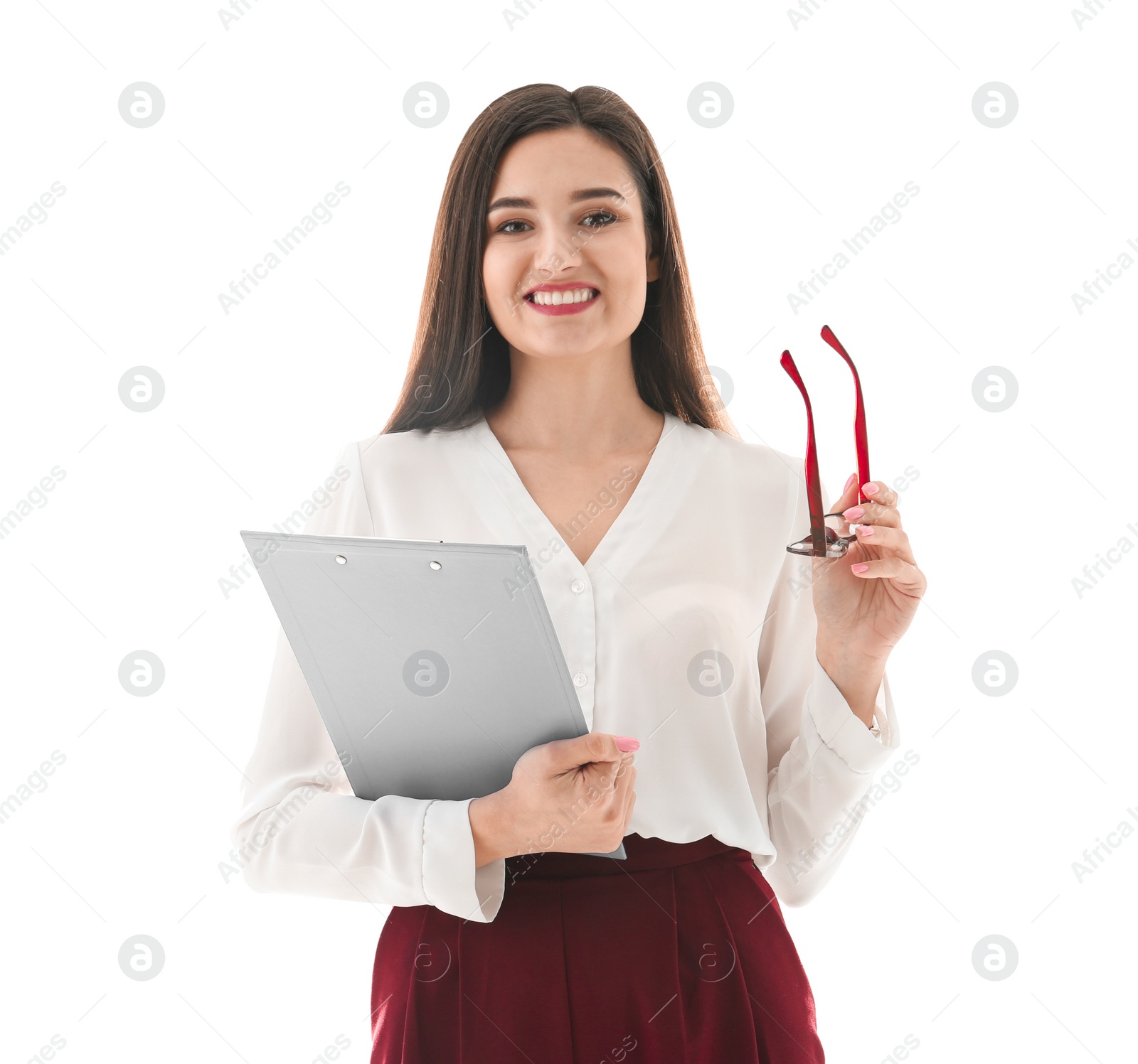 Photo of Portrait of female teacher with clipboard on white background