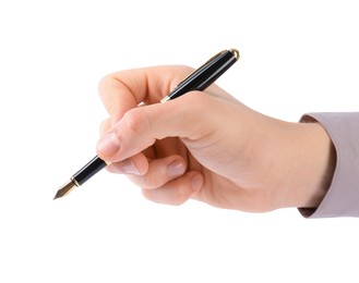 Photo of Woman holding stylish fountain pen on white background, closeup