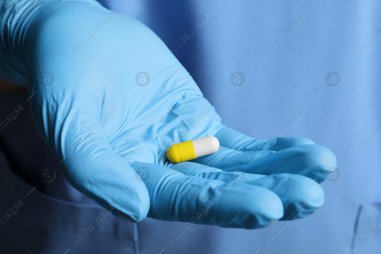 Photo of Doctor in medical glove holding pill, closeup view