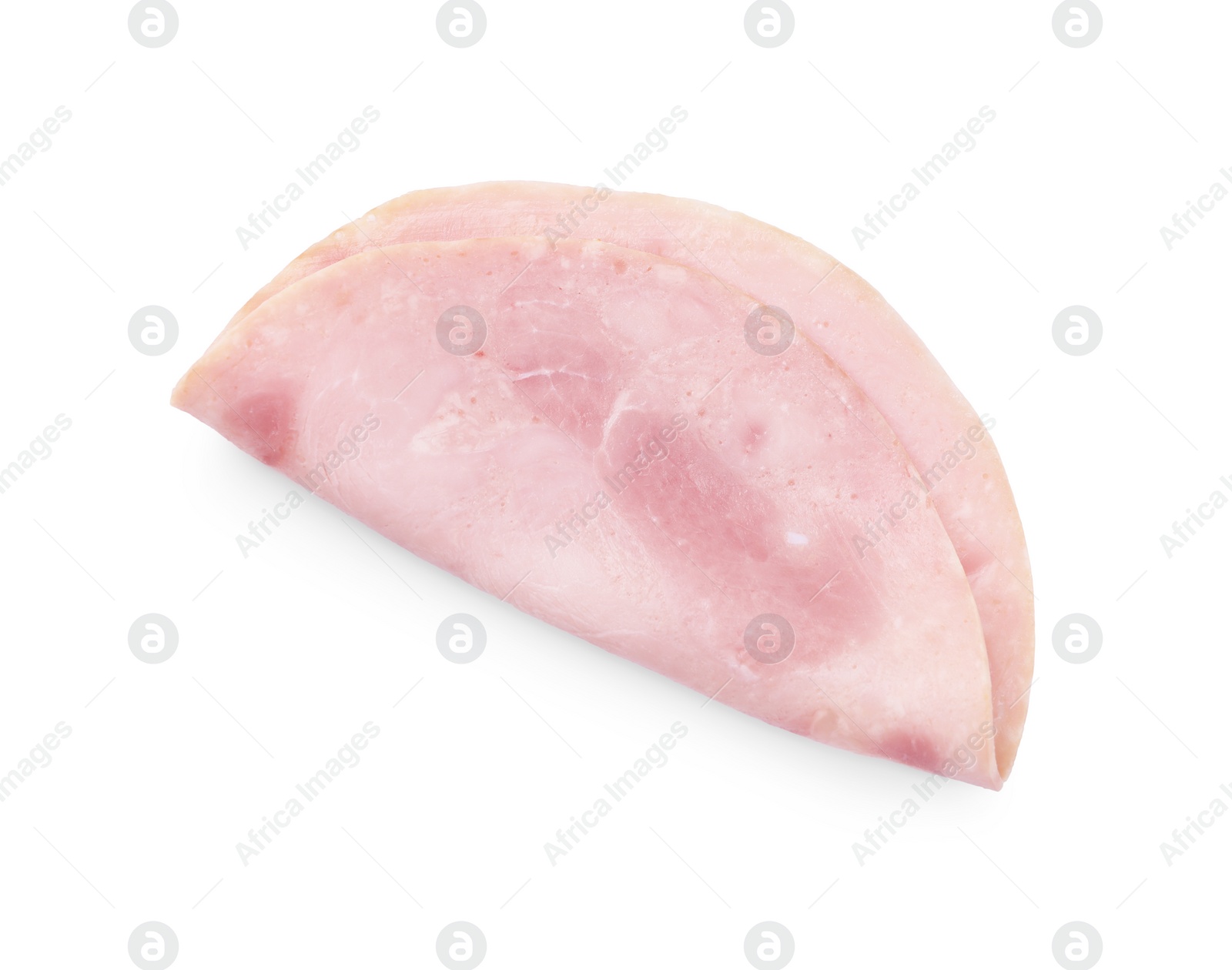 Photo of Slice of tasty ham isolated on white, top view