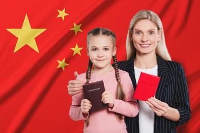 Immigration. Happy woman and her daughter with passports against national flag of China, space for text