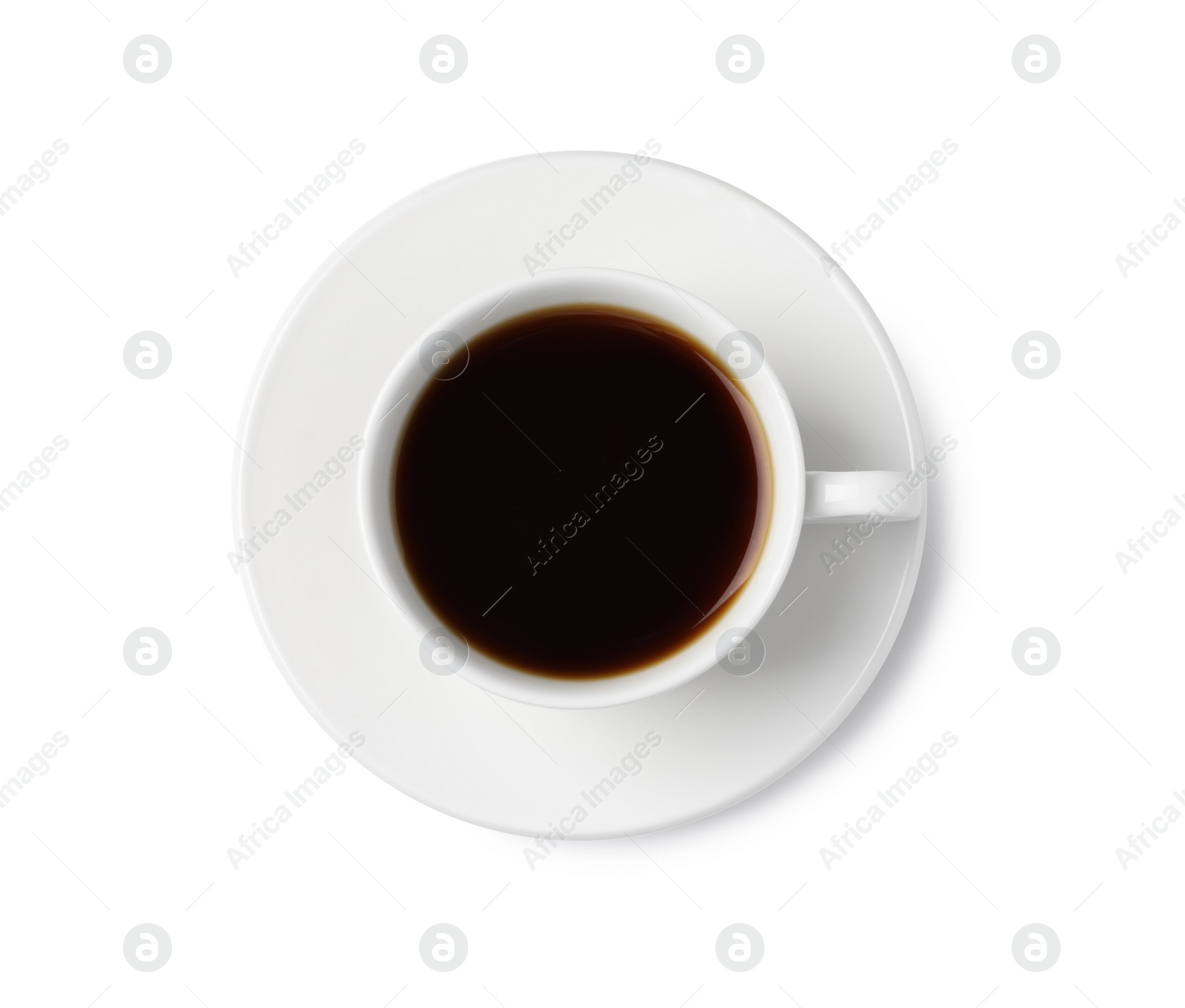 Photo of Tasty coffee in cup isolated on white, top view