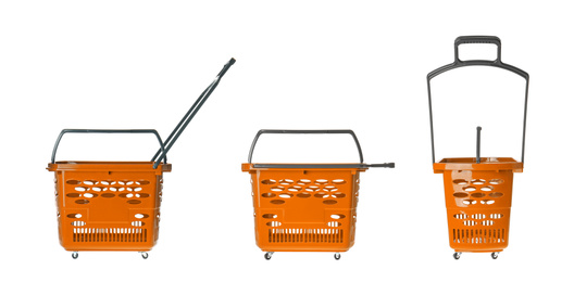 Image of Set of shopping baskets on white background