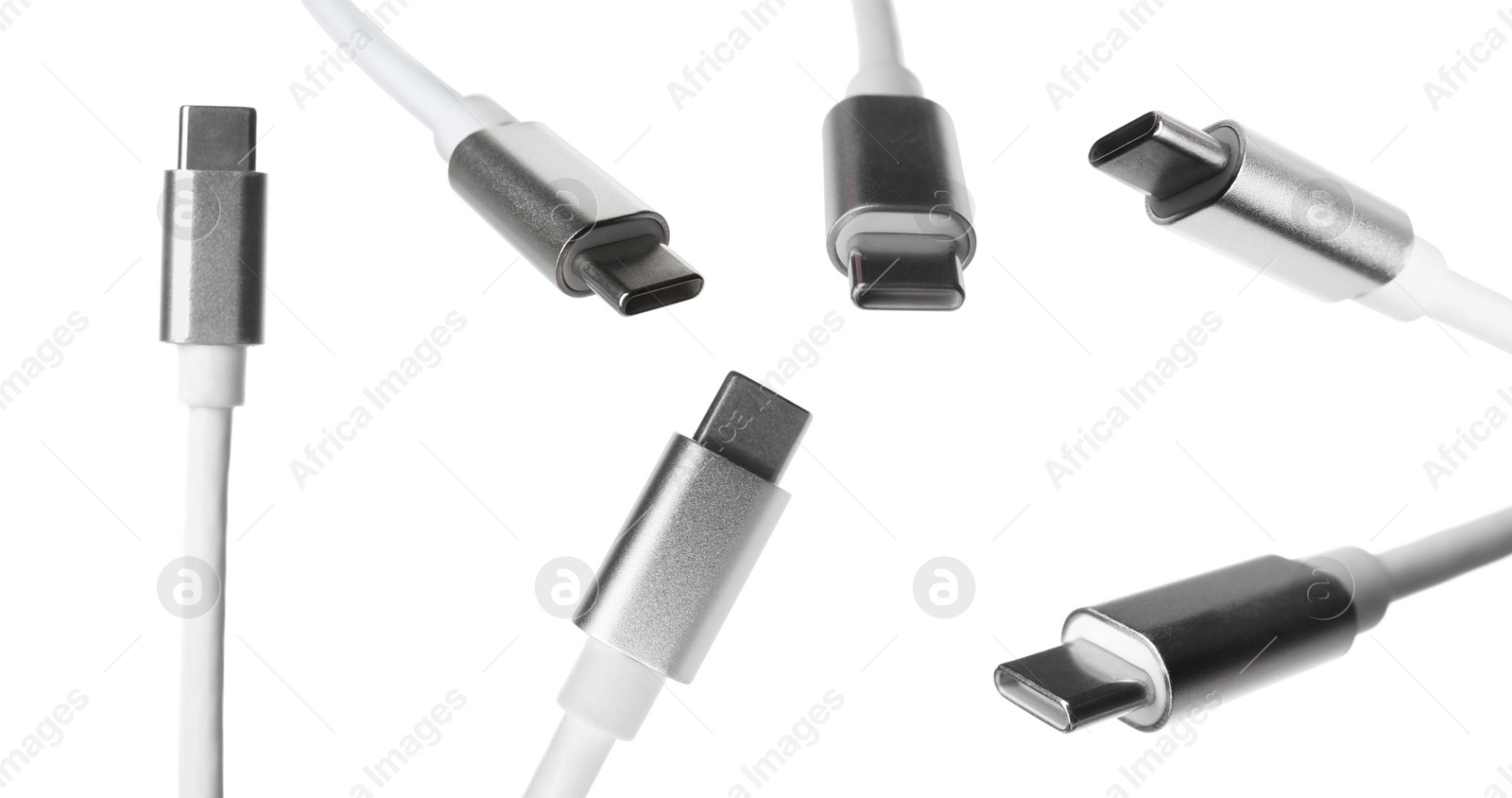 Image of Cable with type C connector on white background, views from different sides