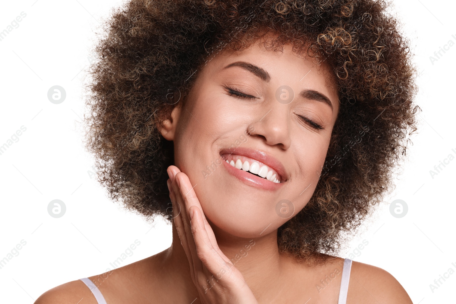 Photo of Beautiful woman with healthy skin on white background