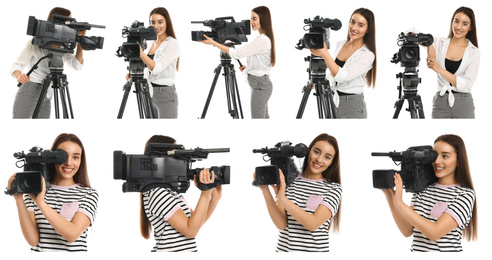 Image of Collage of operator with professional video camera on white background. Banner design