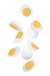 Image of Tasty hard boiled eggs falling on white background