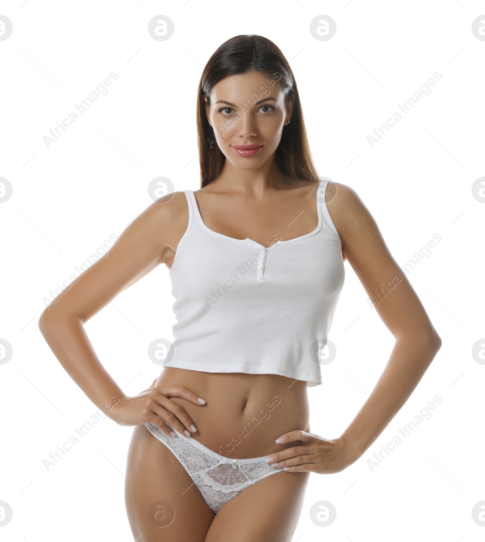 Photo of Beautiful woman in sexy panties and top on white background