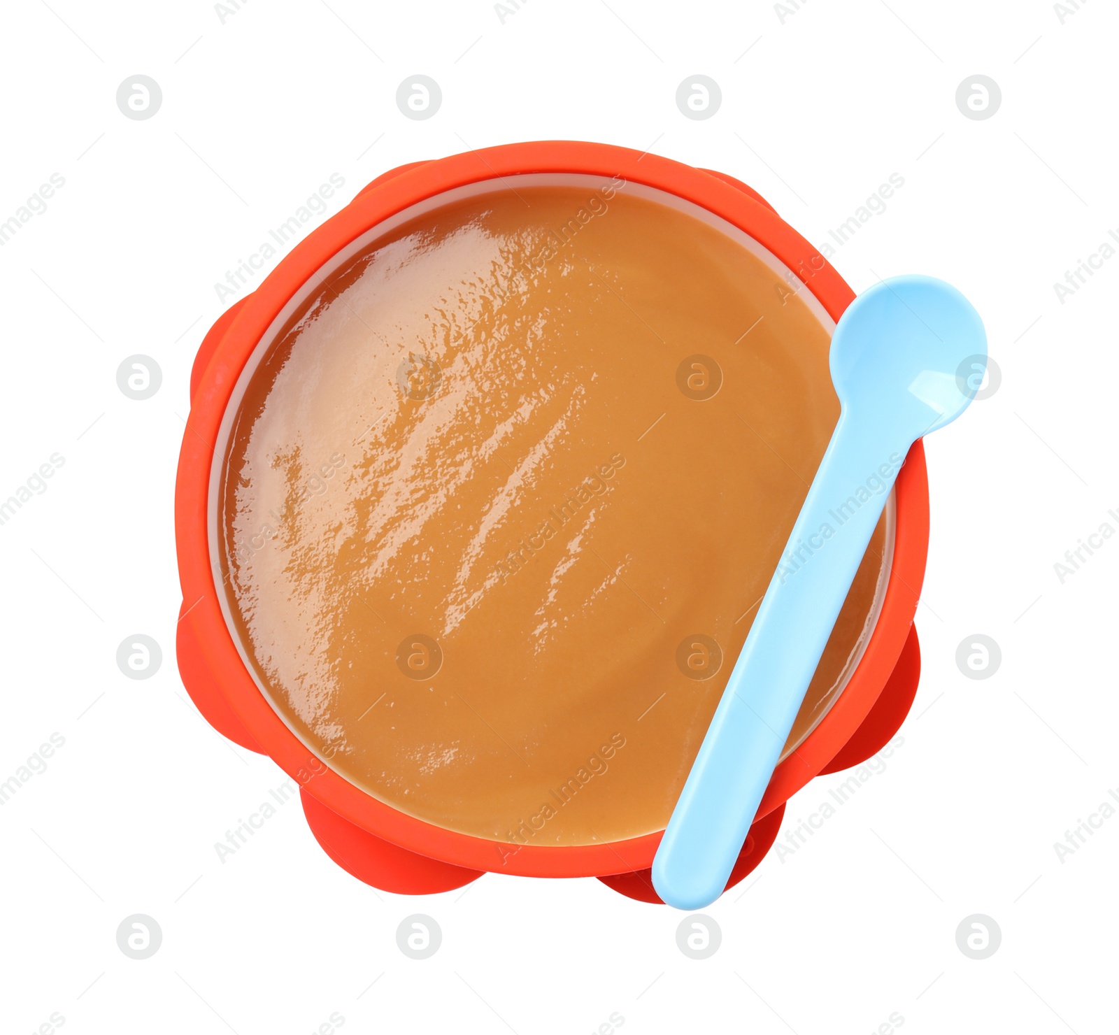 Photo of Tasty baby food in bowl and spoon isolated on white, top view