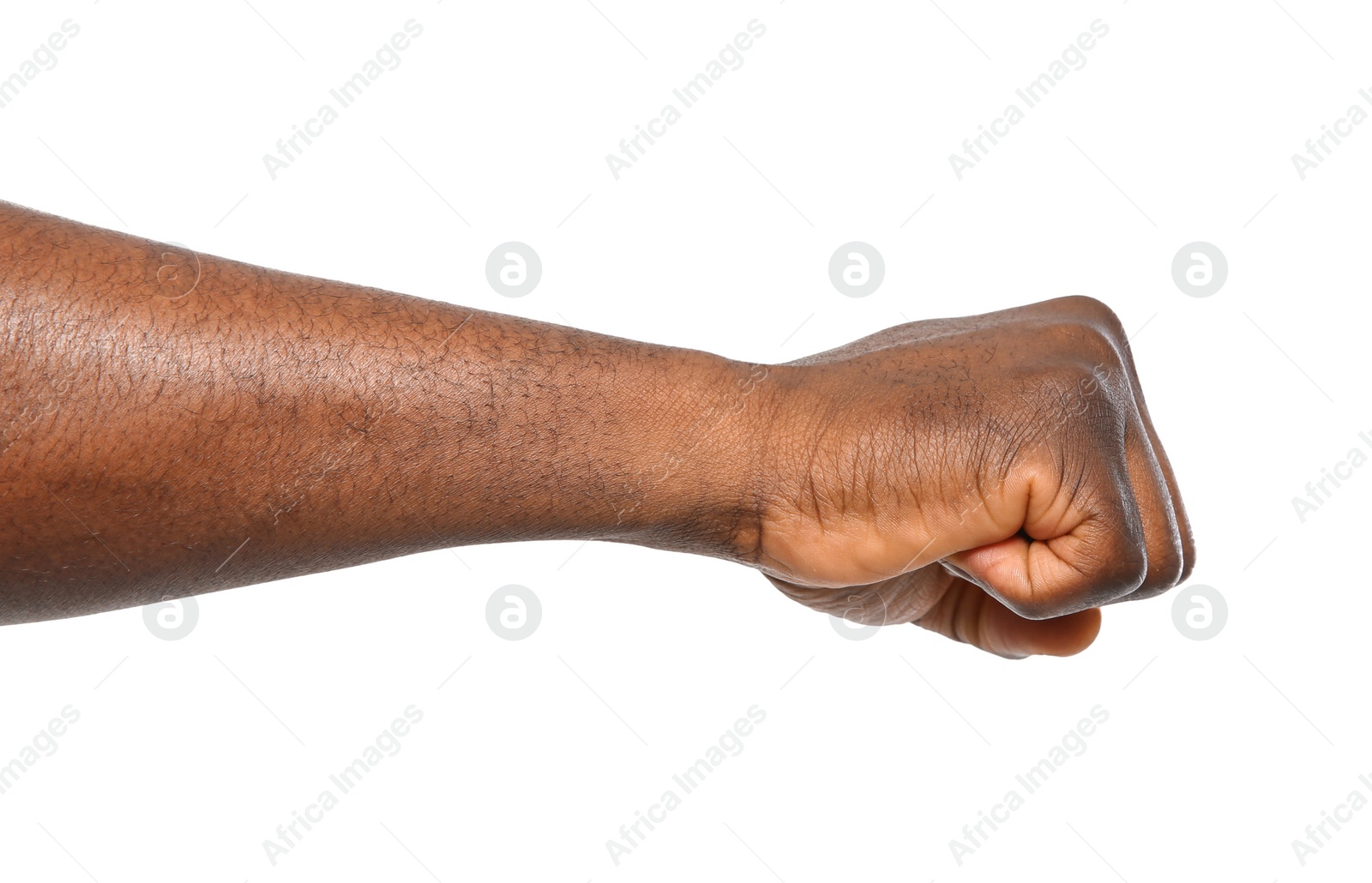Photo of African-American man showing fist on white background, closeup