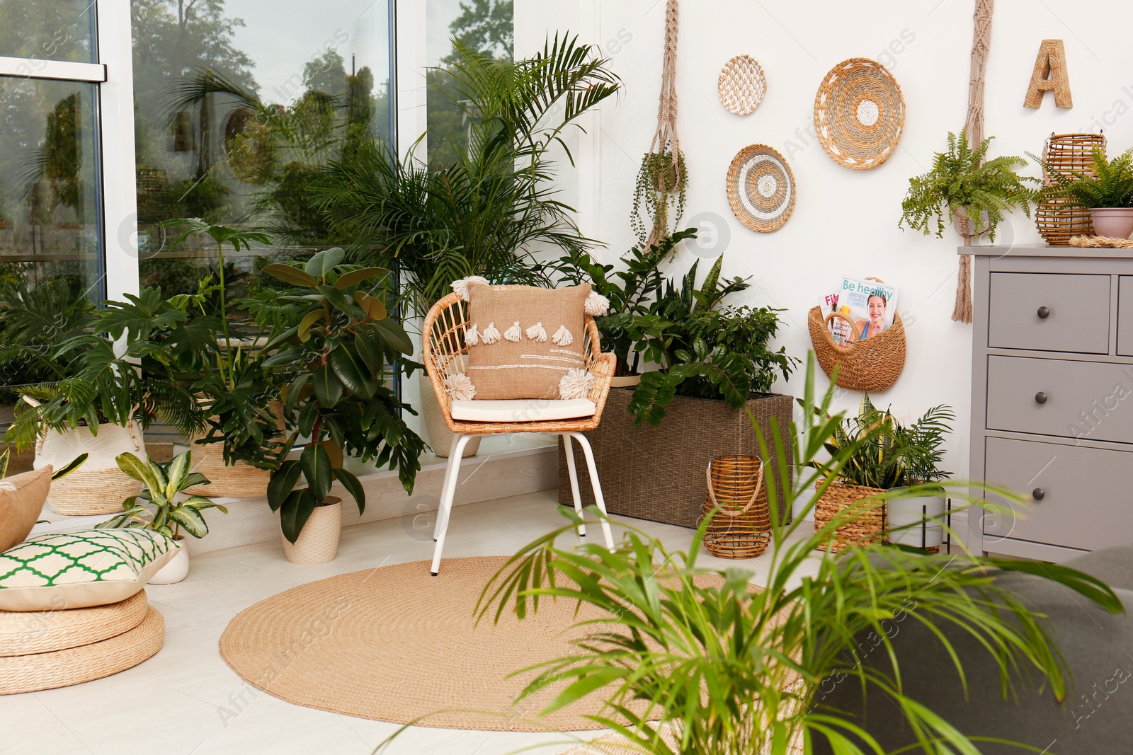 Photo of Room interior with stylish furniture and green plants