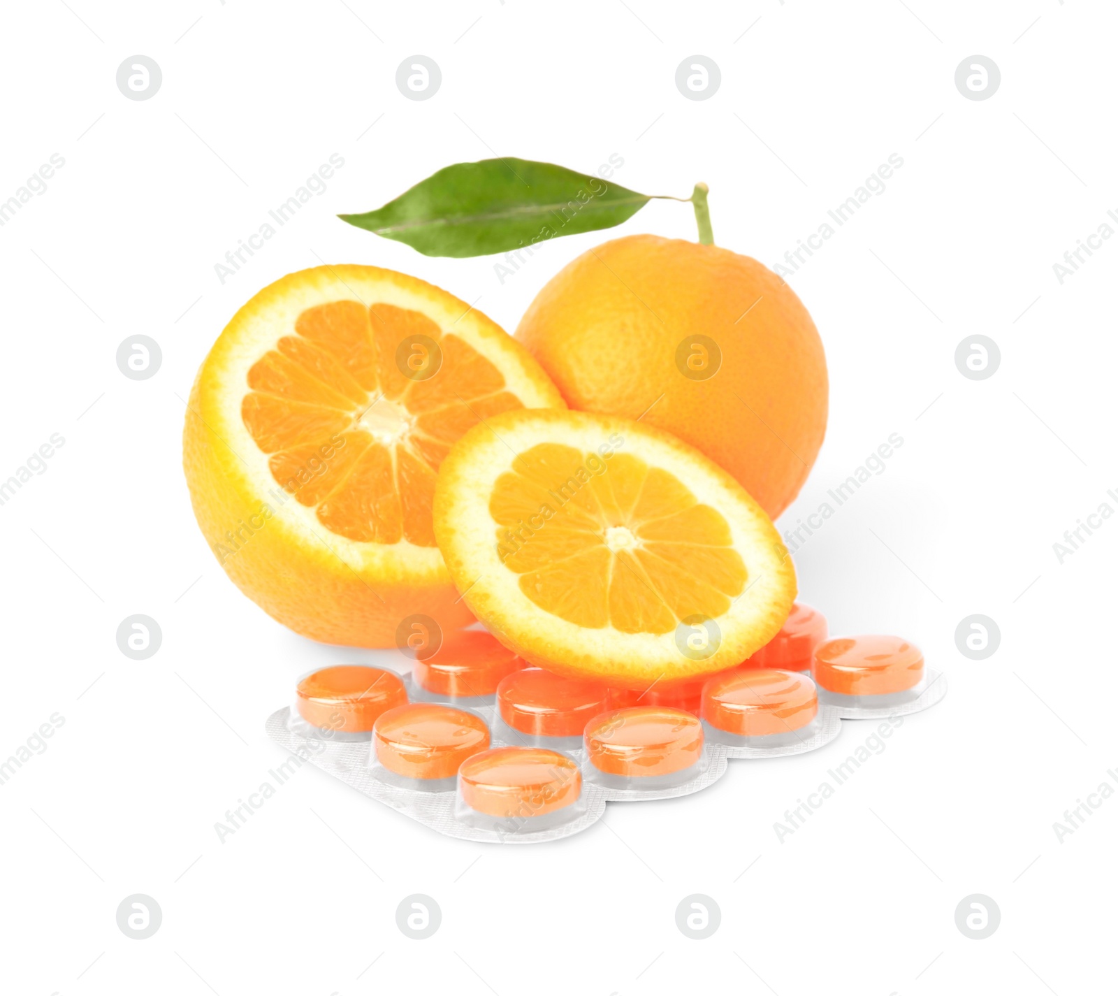 Photo of Fresh oranges and blister with cough drops isolated on white