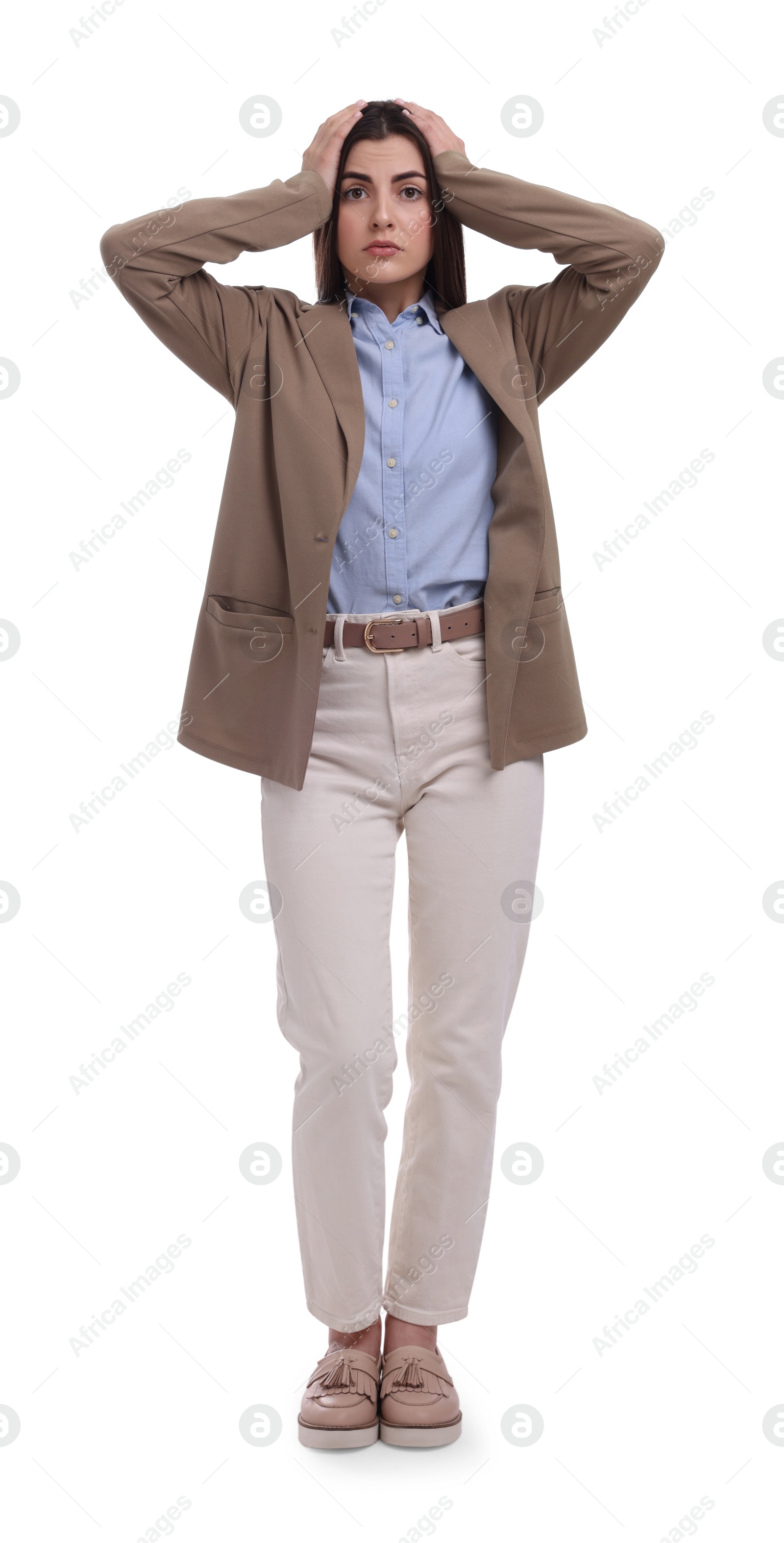 Photo of Beautiful young businesswoman in suit on white background