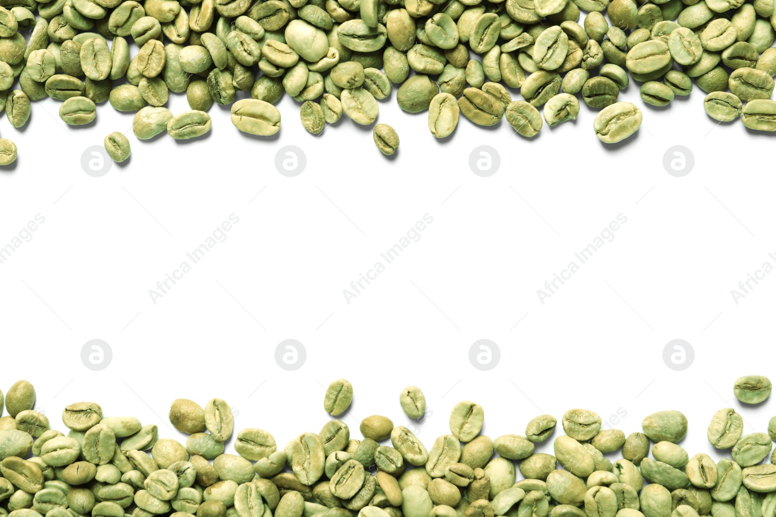 Photo of Many green coffee beans on white background, top view