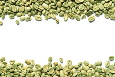 Many green coffee beans on white background, top view