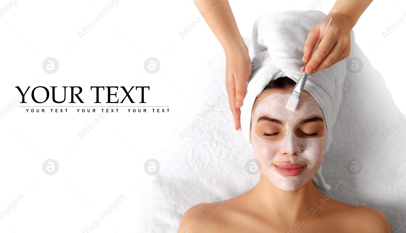 Image of Cosmetologist applying mask on woman's face, top view. Spa salon advertising, space for design