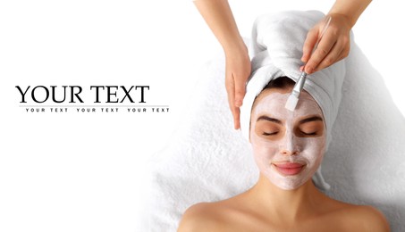 Image of Cosmetologist applying mask on woman's face, top view. Spa salon advertising, space for design