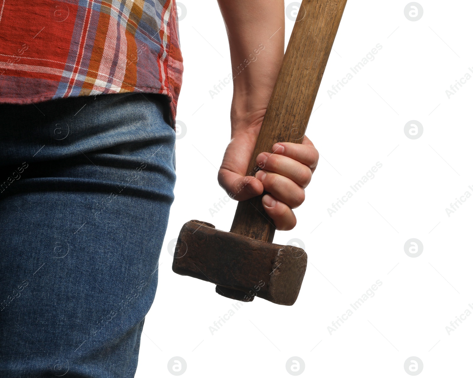 Photo of Man with sledgehammer on white background, closeup