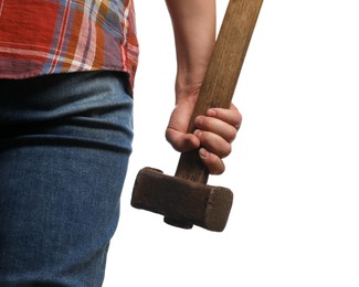 Man with sledgehammer on white background, closeup