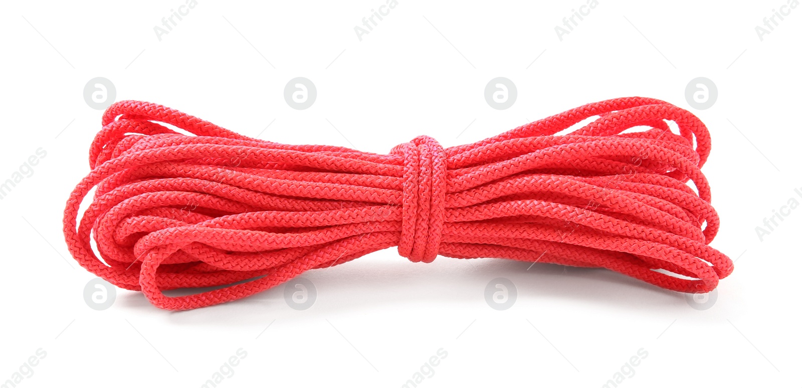 Photo of Coil of rope on white background. Camping equipment