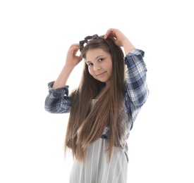 Attractive teenage girl on white background