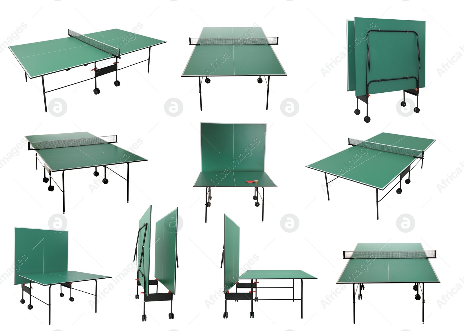 Image of Green ping pong tables on white background, collage