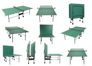 Green ping pong tables on white background, collage