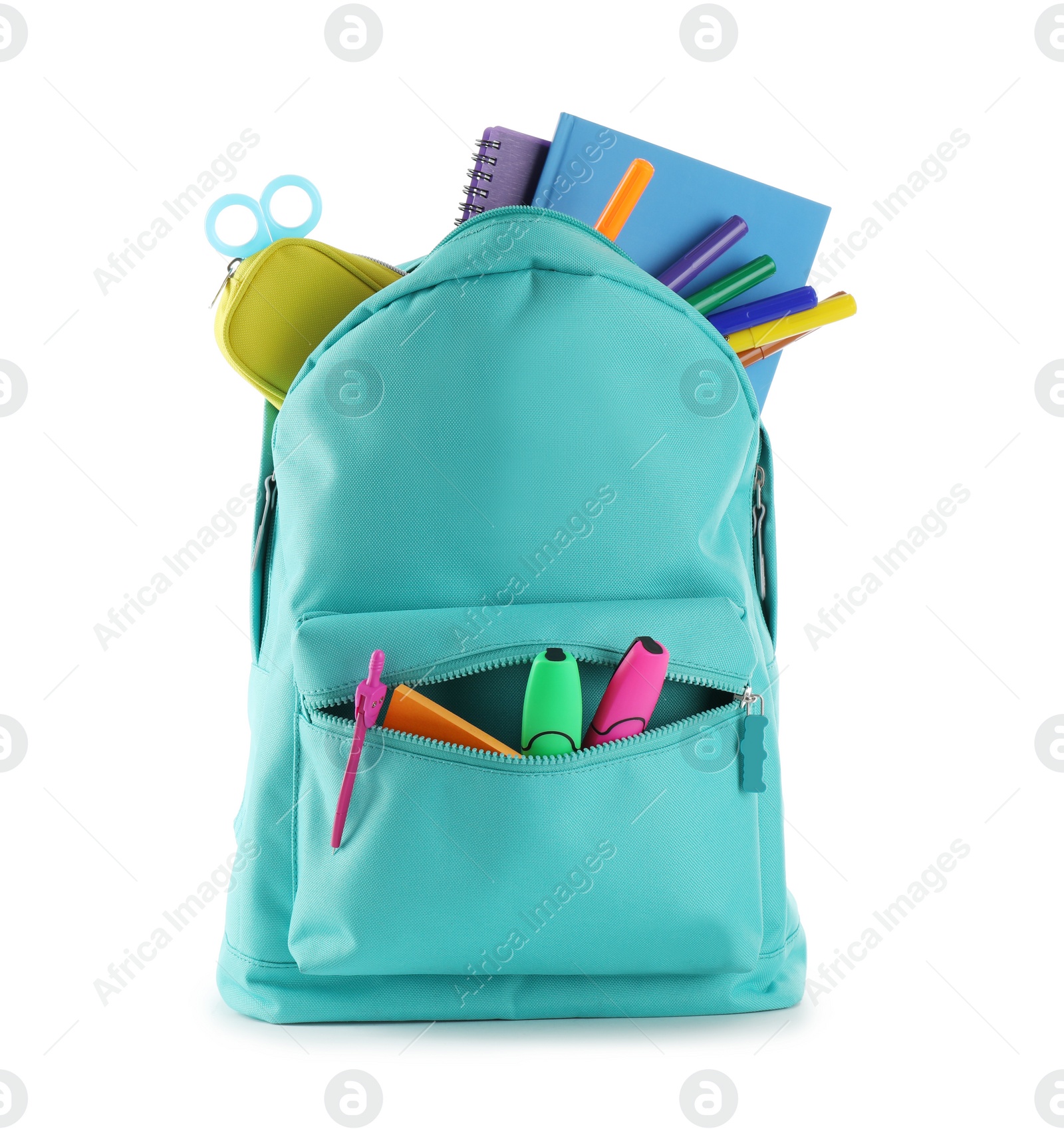 Photo of Bright backpack with school stationery isolated on white