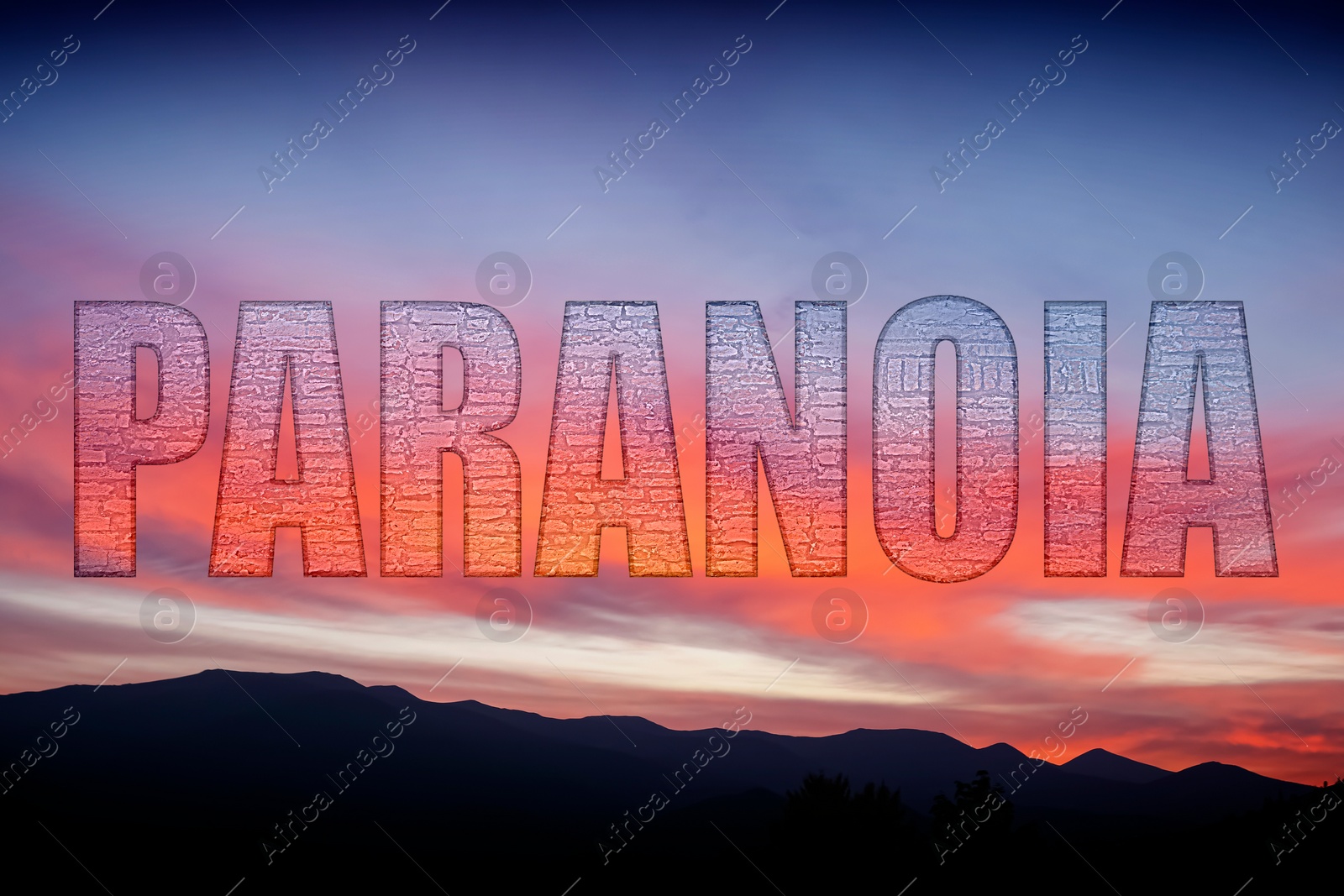Image of Mental disorder. Translucent word Paranoia with brick texture against mountains under sky at sunset