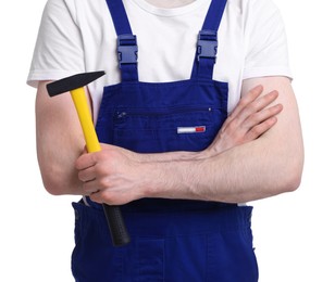 Photo of Professional repairman holding hammer on white background, closeup