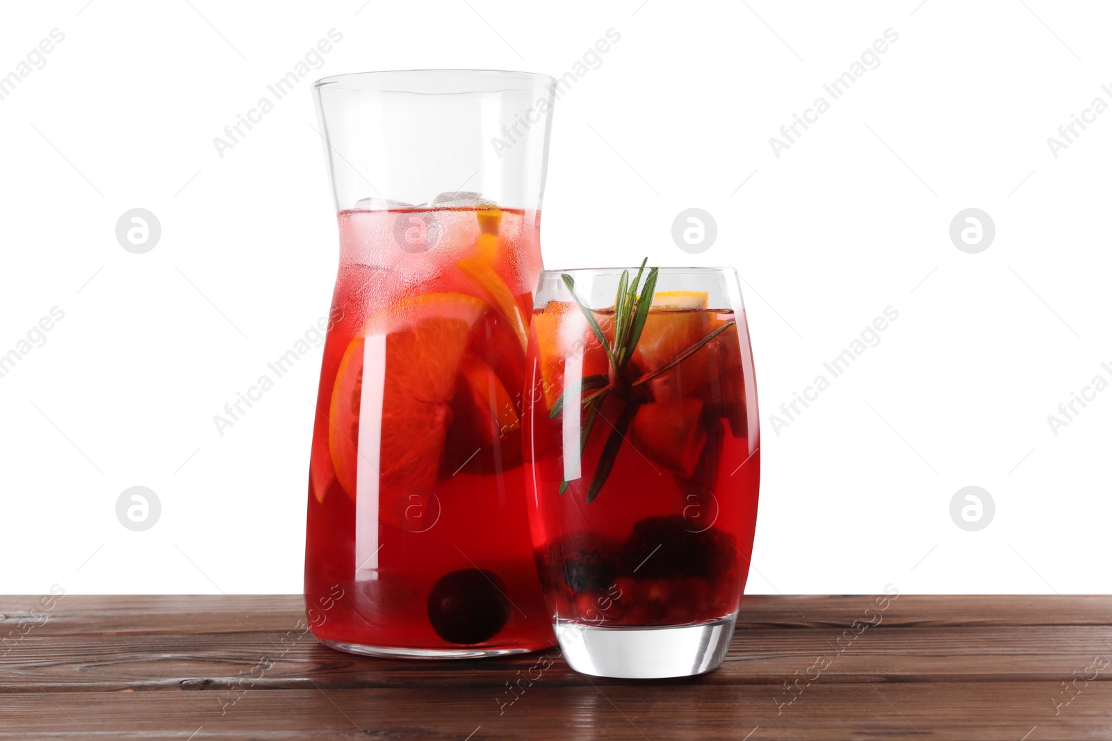Photo of Delicious sangria on wooden table against white background