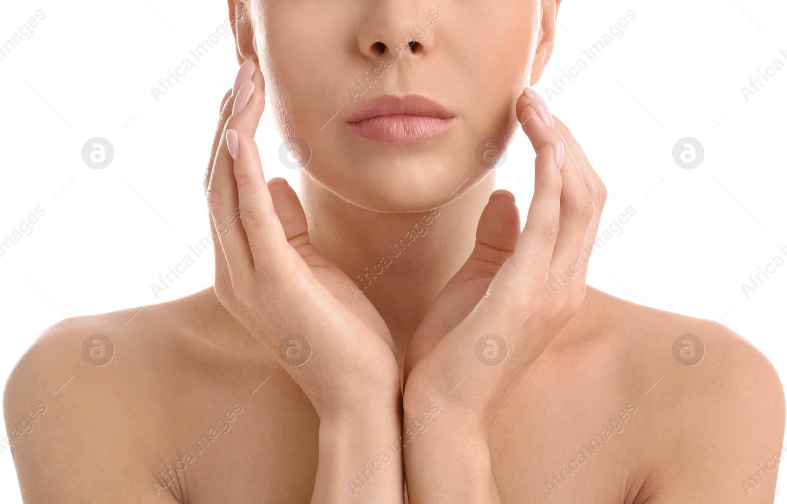 Photo of Young woman with perfect smooth skin on white background, closeup. Beauty and body care