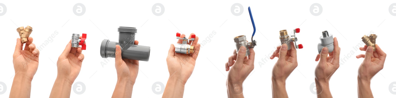 Image of Collage with photos of plumbers holding different valves and pipe fittings on white background. Banner design