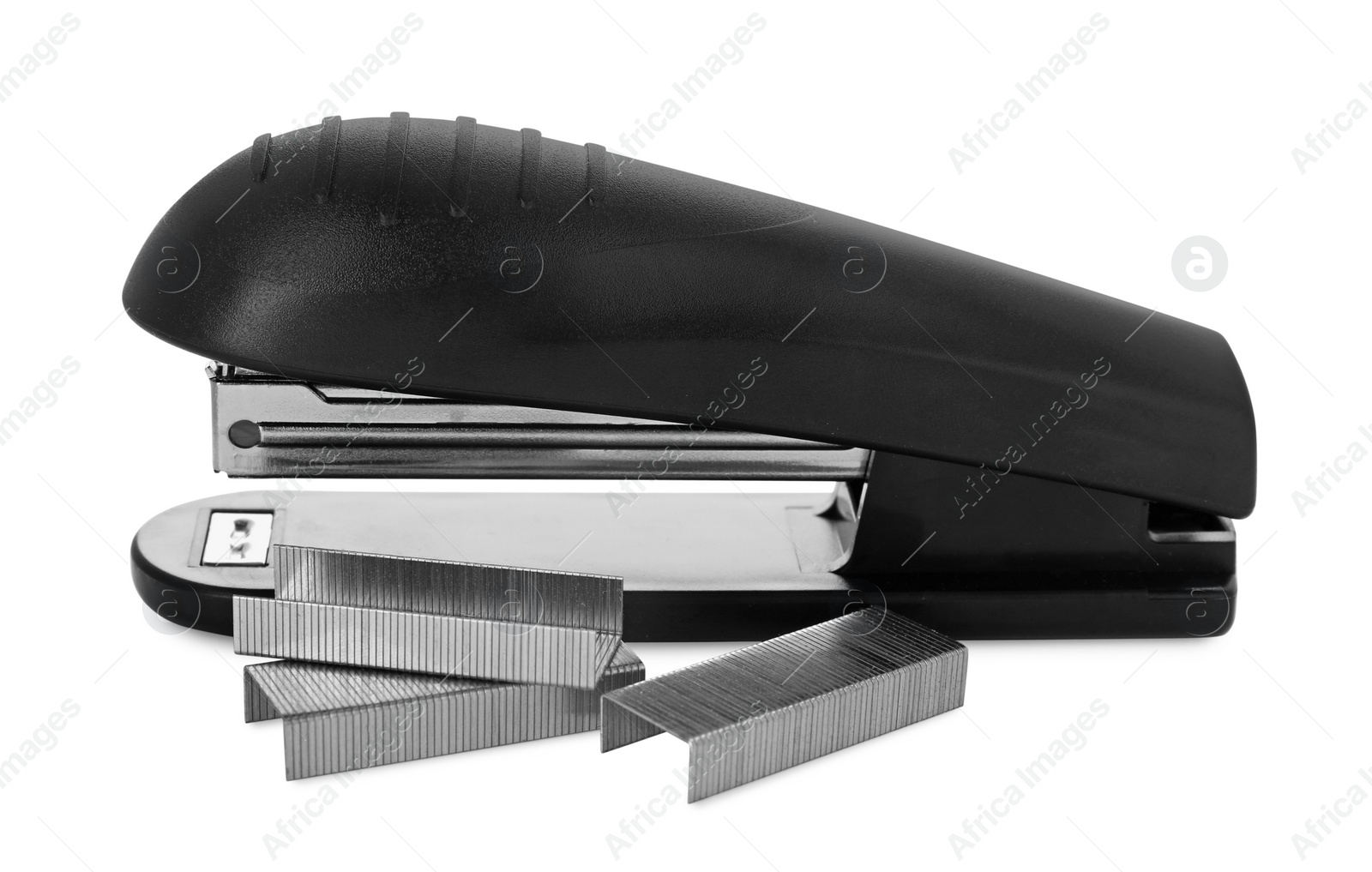 Photo of New black stapler with staples isolated on white