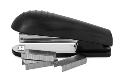 Photo of New black stapler with staples isolated on white