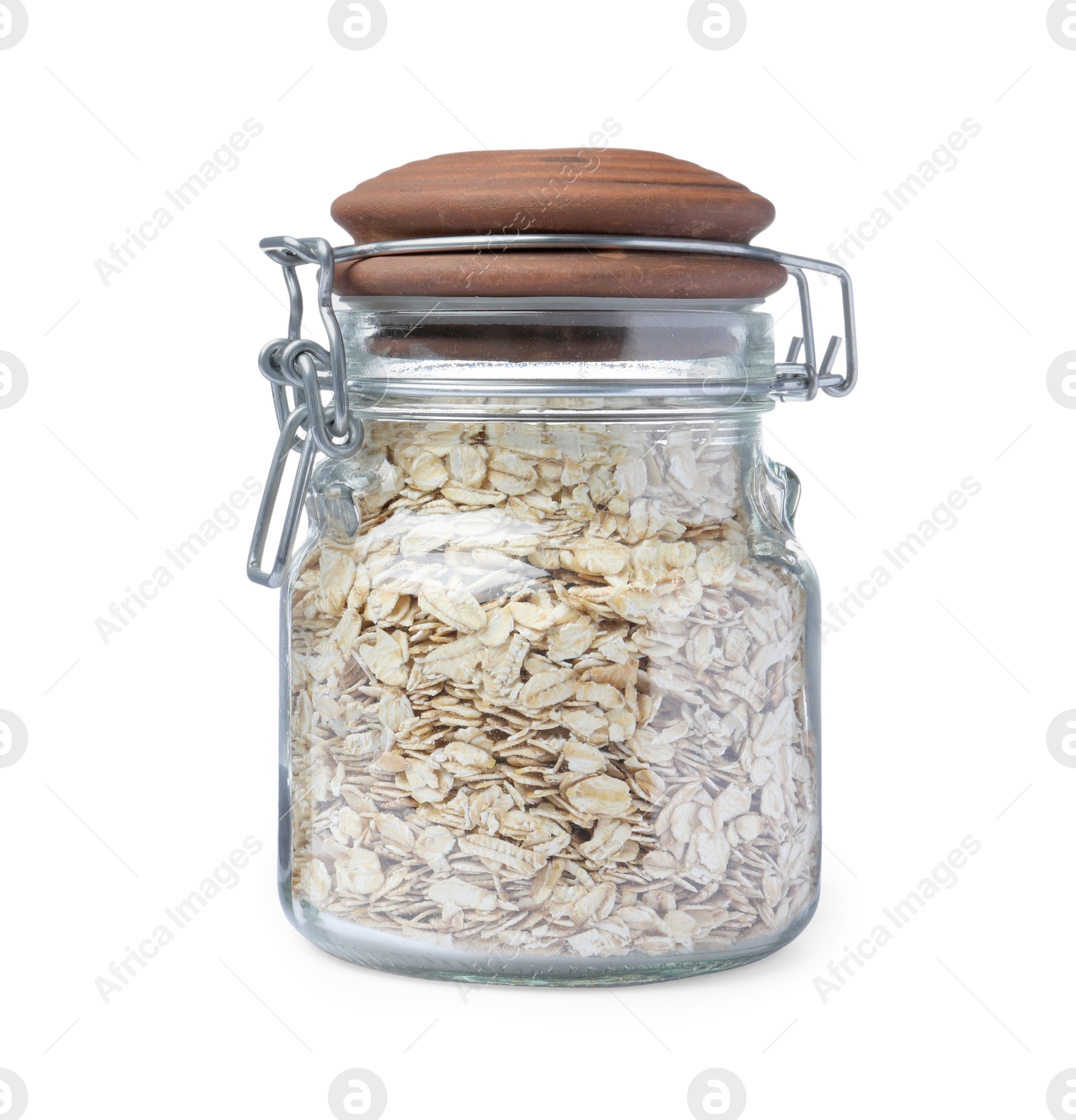 Photo of Raw oatmeal in glass jar isolated on white