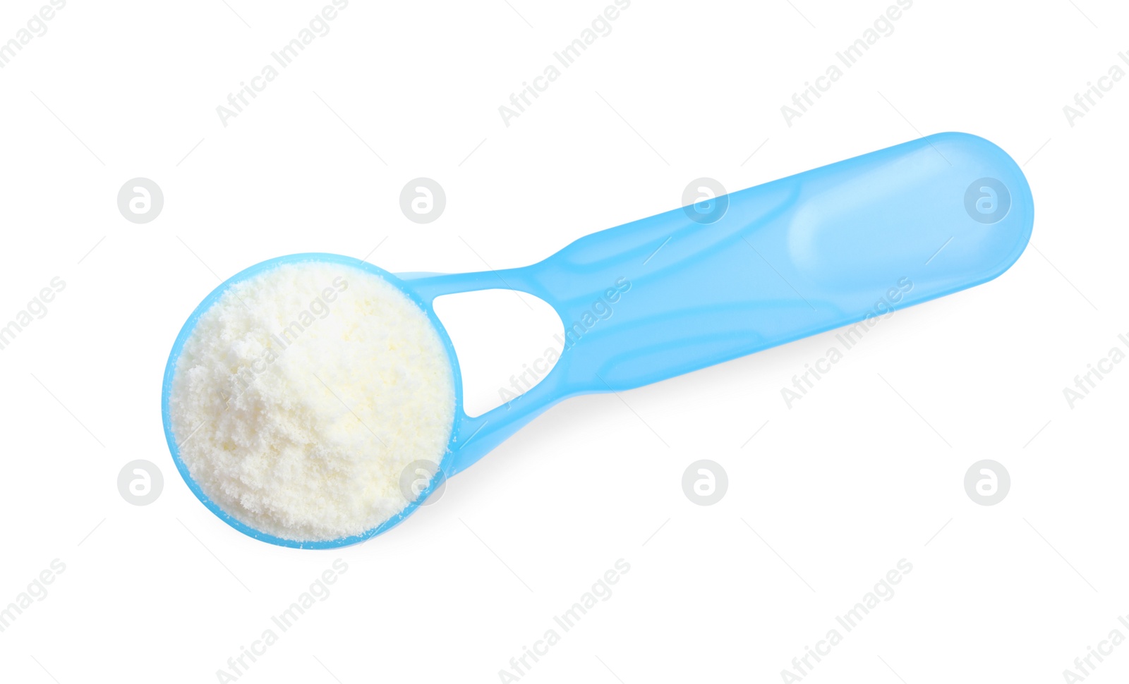 Photo of Scoop of powdered infant formula on white background, top view. Baby milk