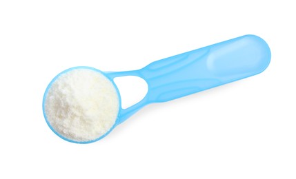 Photo of Scoop of powdered infant formula on white background, top view. Baby milk