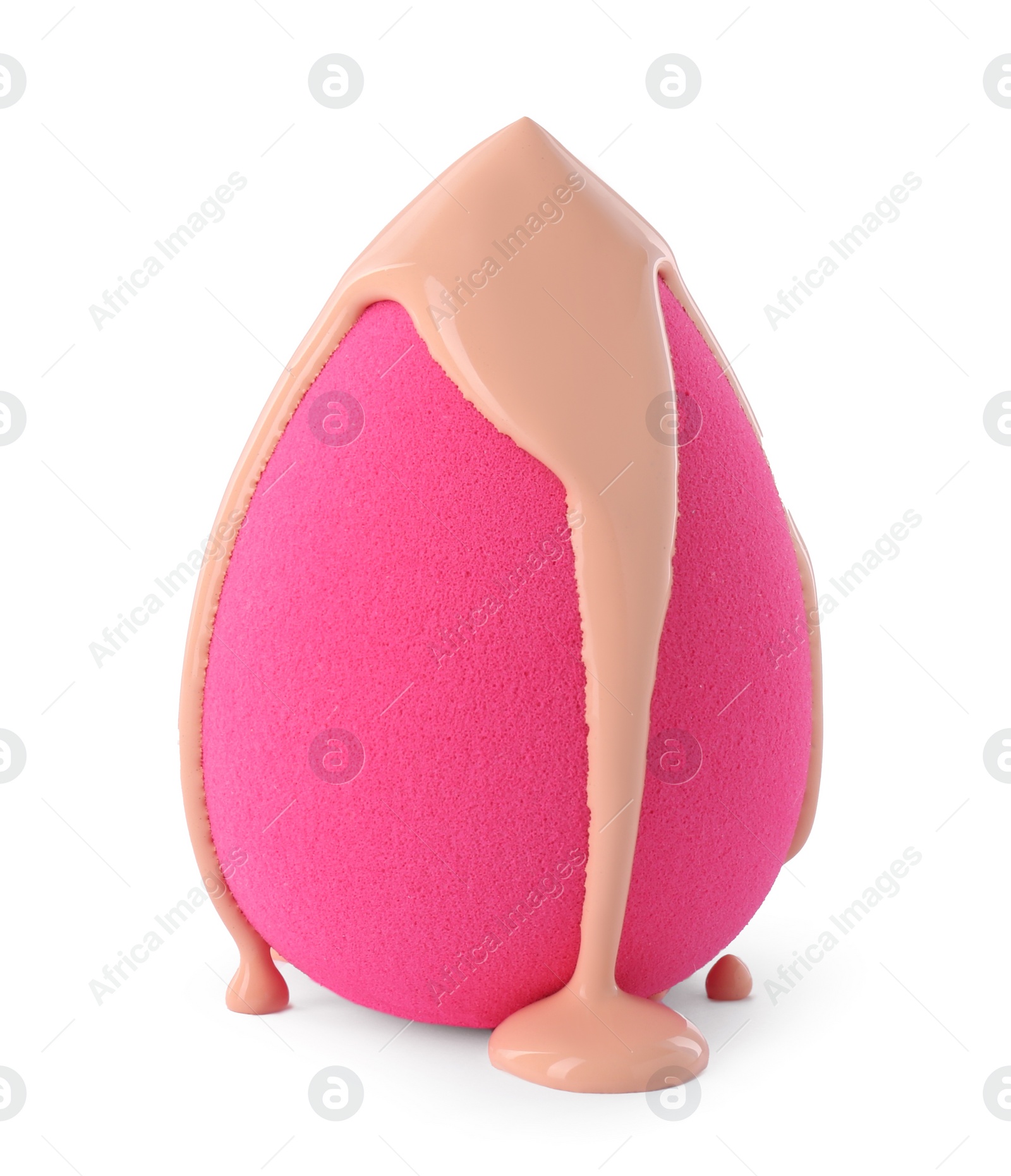 Photo of Pink makeup sponge with skin foundation isolated on white