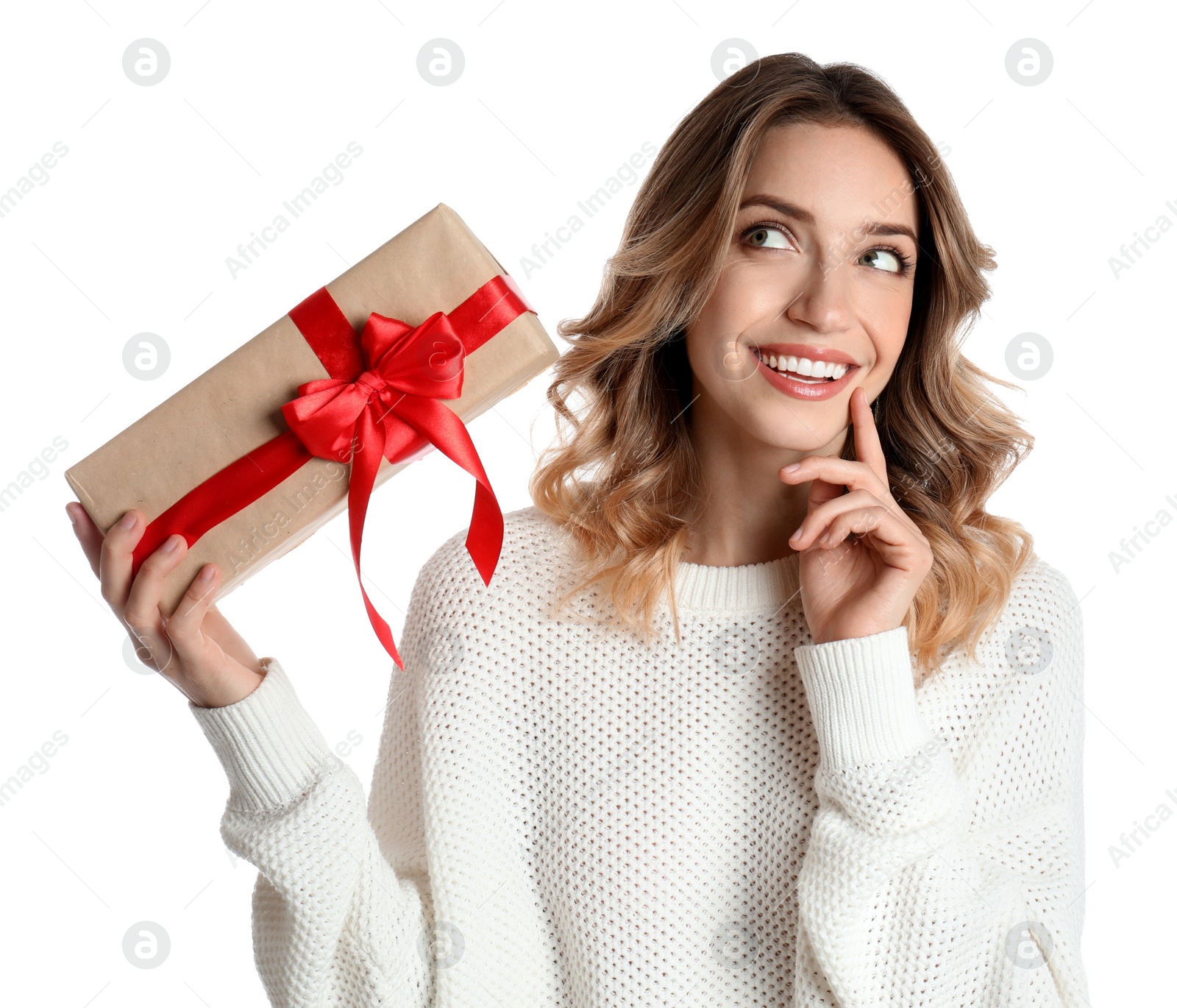 Photo of Beautiful young woman with Christmas present on white background