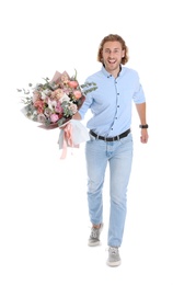 Photo of Young handsome man with beautiful flower bouquet on white background