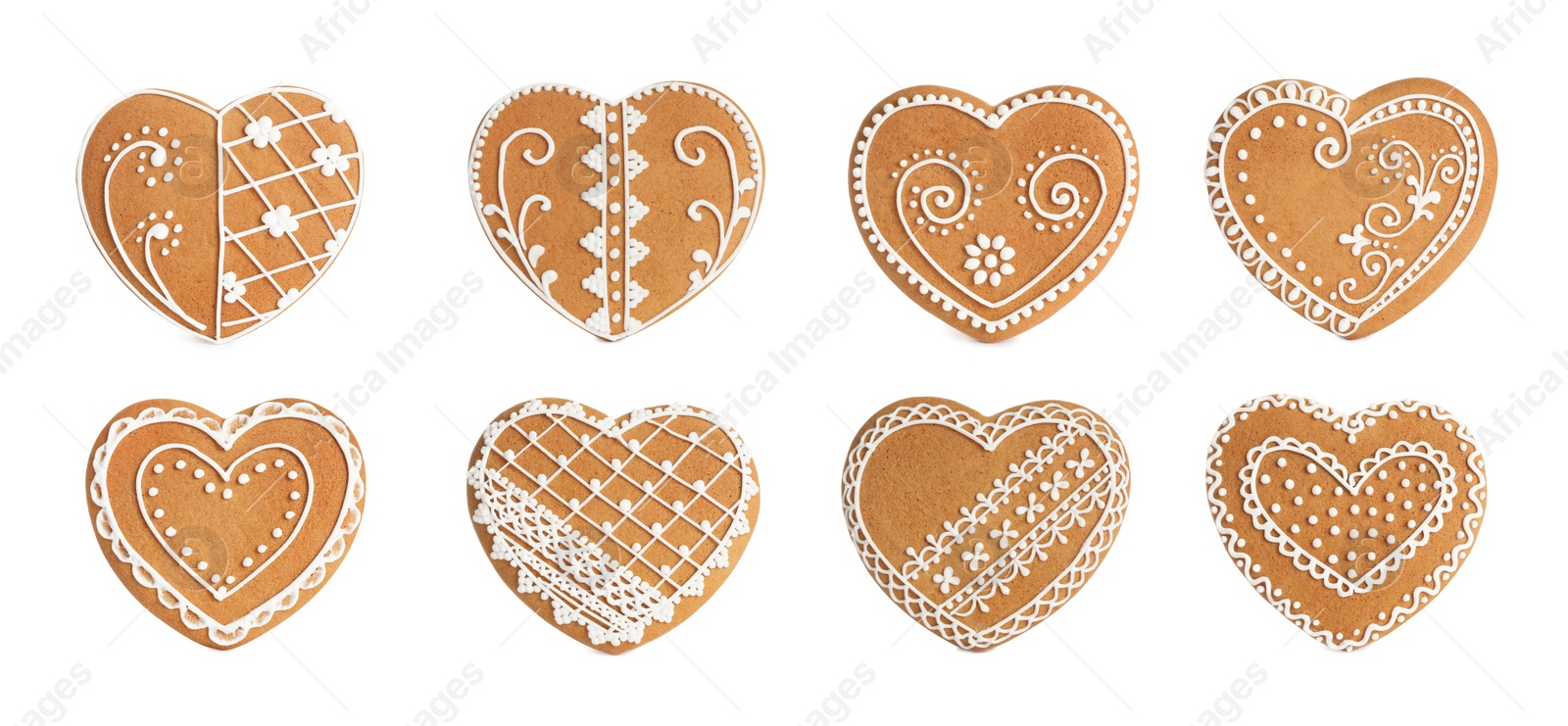 Image of Set of Christmas gingerbread heart shaped cookies on white background. Banner design