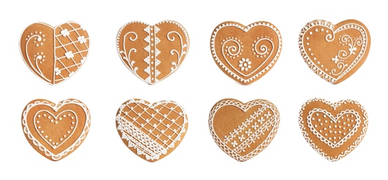 Set of Christmas gingerbread heart shaped cookies on white background. Banner design