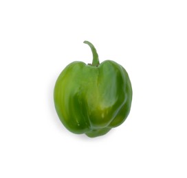 Photo of Fresh raw green hot chili pepper isolated on white, top view