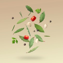 Image of Bay leaves, rosemary, parsley, garlic cloves, black and fresh red hot peppers falling on beige gradient background